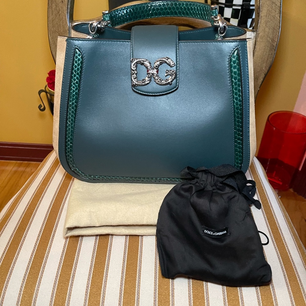 New Dolce & Gabbana - Hand Bag Sicily, Green/Beige Python